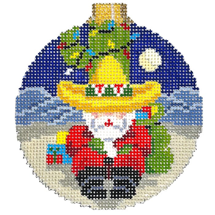 Santa Resting on Cactus   3.25" Round Painted Canvas Susan Roberts Needlepoint Designs Inc.  - 1