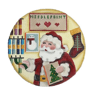 Santa Shopping Needlepoint Round Painted Canvas Rebecca Wood Designs 
