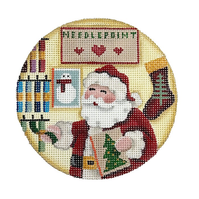 Santa Shopping Needlepoint Round Painted Canvas Rebecca Wood Designs  - 1
