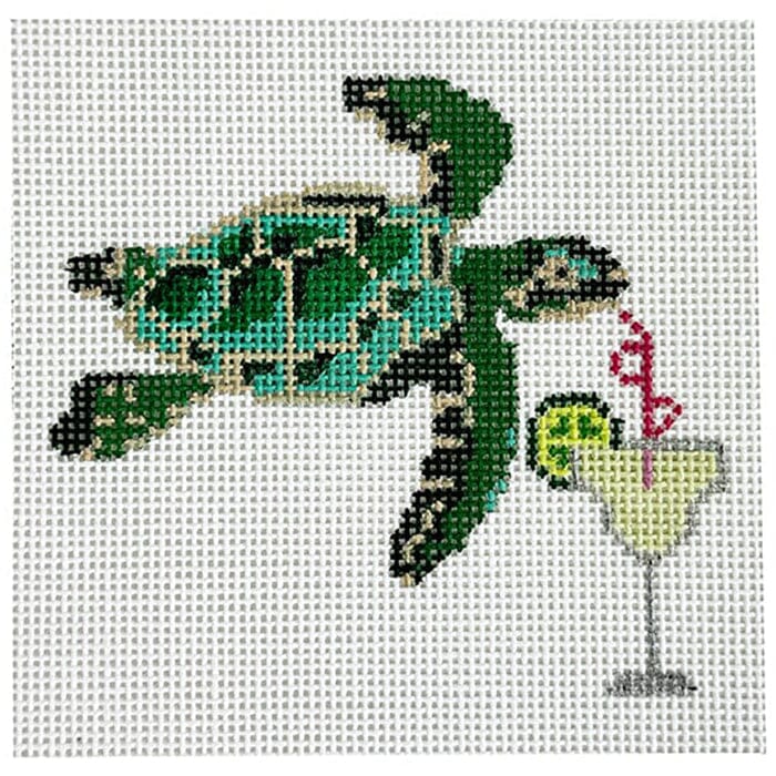 Sea Turtle & Margarita Coaster Painted Canvas Blue Ridge Stitchery 