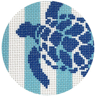 Sea Turtle Stencil on Aqua Stripes Round Printed Canvas Two Sisters Needlepoint 
