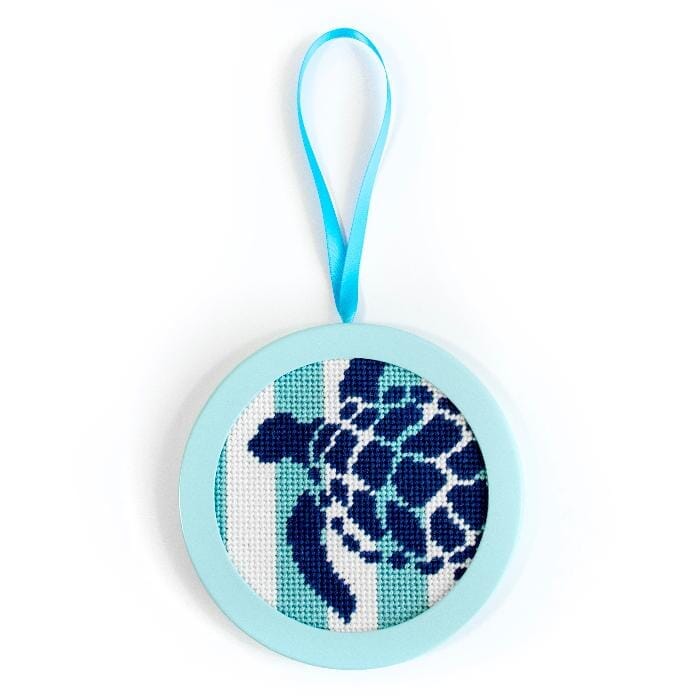 Sea Turtle Stencil on Aqua Stripes Round Printed Canvas Two Sisters Needlepoint  - 2