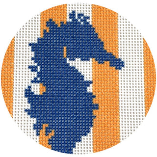 Seahorse Stencil on Orange Stripes Round Printed Canvas Two Sisters Needlepoint 
