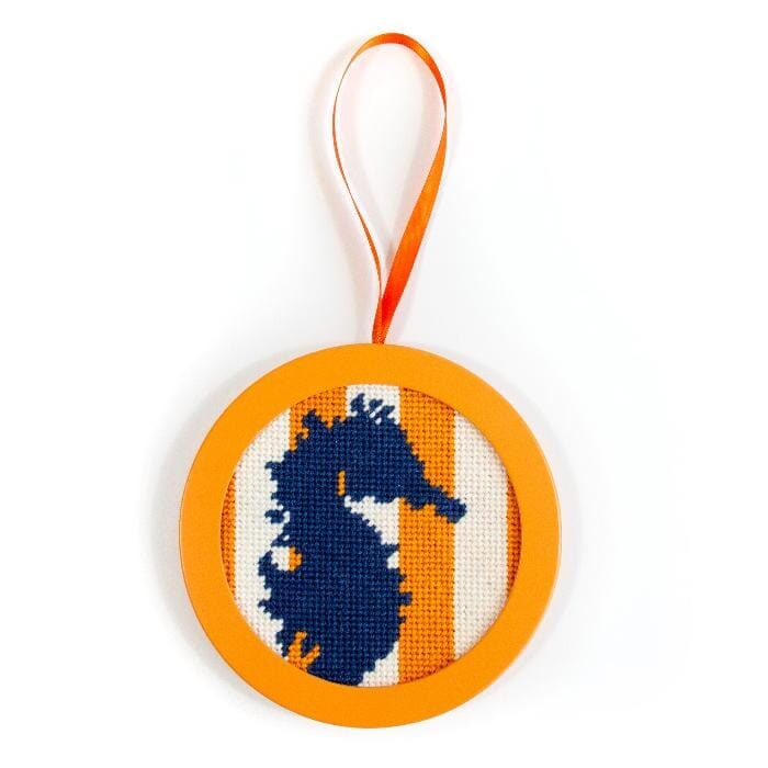 Seahorse Stencil on Orange Stripes Round Printed Canvas Two Sisters Needlepoint  - 2