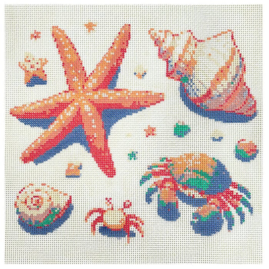 Seashells and Crabs 10x10 Painted Canvas Lucky Lotus Needlepoint 