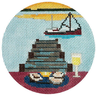 Seasons: Summer   Oysters on the Pier Round Painted Canvas Blue Ridge Stitchery 
