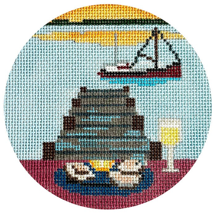 Seasons: Summer   Oysters on the Pier Round Painted Canvas Blue Ridge Stitchery 
