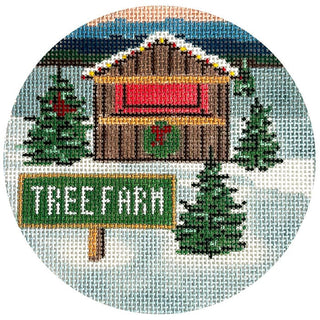 Seasons: Winter   Tree Farm Round Painted Canvas Blue Ridge Stitchery 
