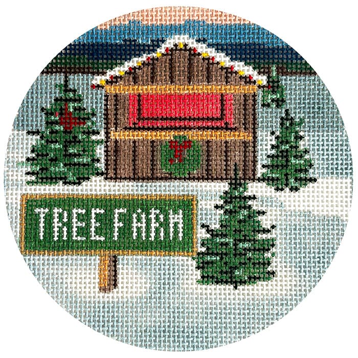Seasons: Winter   Tree Farm Round Painted Canvas Blue Ridge Stitchery 
