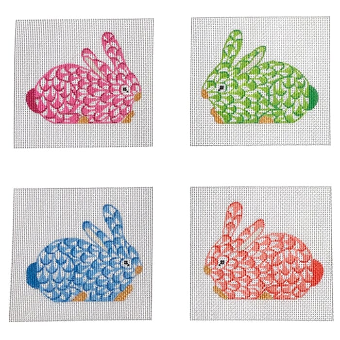 Set of 4 Coasters - Fishnet Crouching Bunnies - Blue, Green, Pink, Cinnabar Painted Canvas Kate Dickerson Needlepoint Collections 