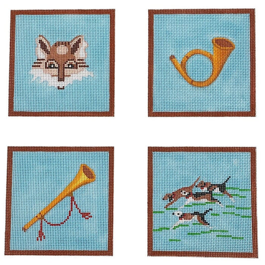 Set of 4 Coasters - Hunting Themes Painted Canvas Kate Dickerson Needlepoint Collections 