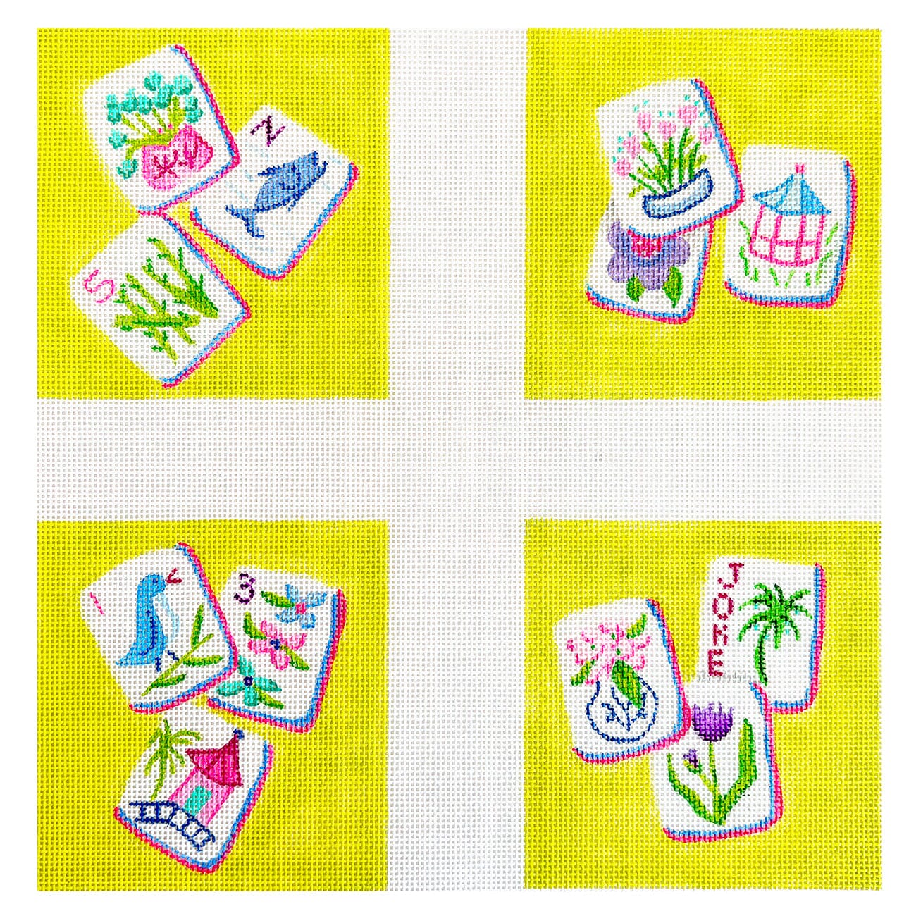 Set of 4 Coasters   Mahjong Tiles, Chinoiserie Theme on Lime Painted Canvas Kate Dickerson Needlepoint Collections  - 1