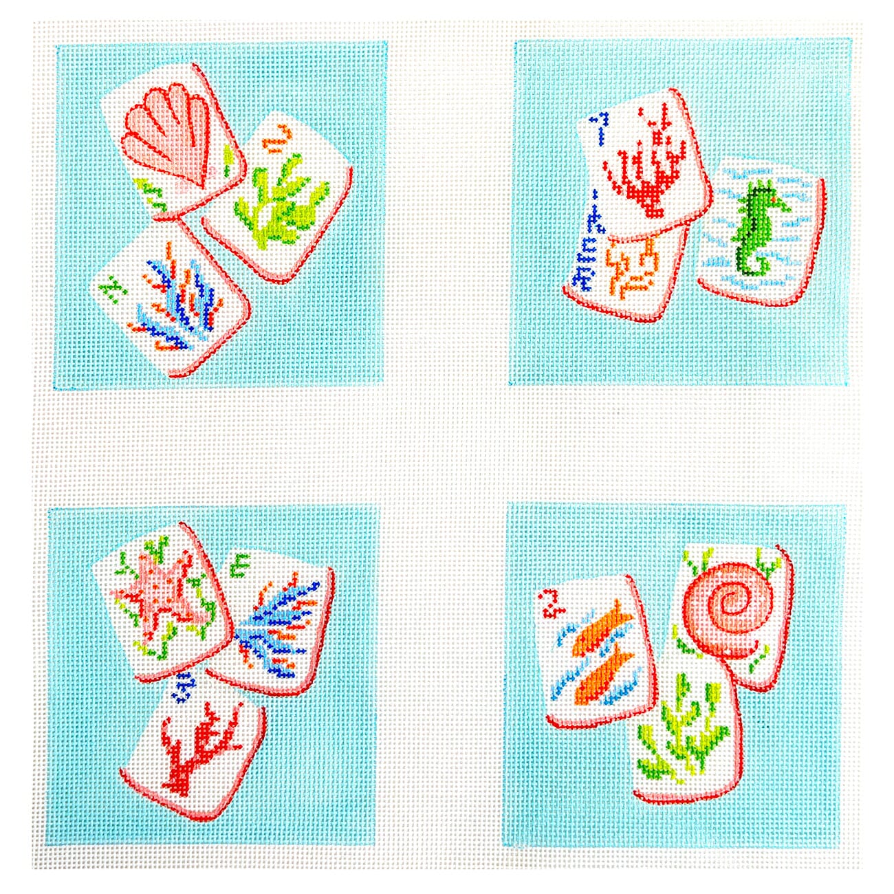 Set of 4 Coasters   Mahjong Tiles, Coral Reef Theme on Aqua Painted Canvas Kate Dickerson Needlepoint Collections  - 1