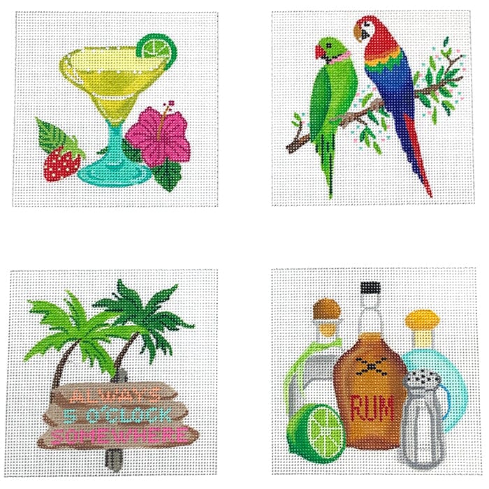 Set of 4 Coasters - Margaritaville Themes Painted Canvas Kate Dickerson Needlepoint Collections 