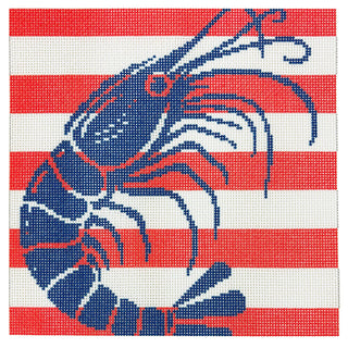 Shrimp Stencil on Coral Stripes Printed Canvas Two Sisters Needlepoint 
