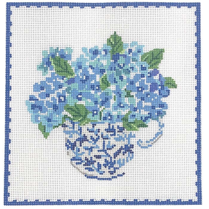 Single Blue & White Teacup w/Hydrangeas Painted Canvas Kate Dickerson Needlepoint Collections  - 1