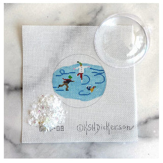 Skaters on Pond 3" Clear Dome & Confetti Painted Canvas Kate Dickerson Needlepoint Collections 
