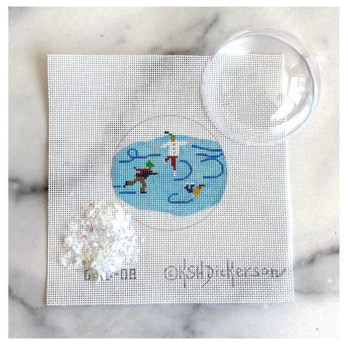 Skaters on Pond 3" Clear Dome & Confetti Painted Canvas Kate Dickerson Needlepoint Collections 

