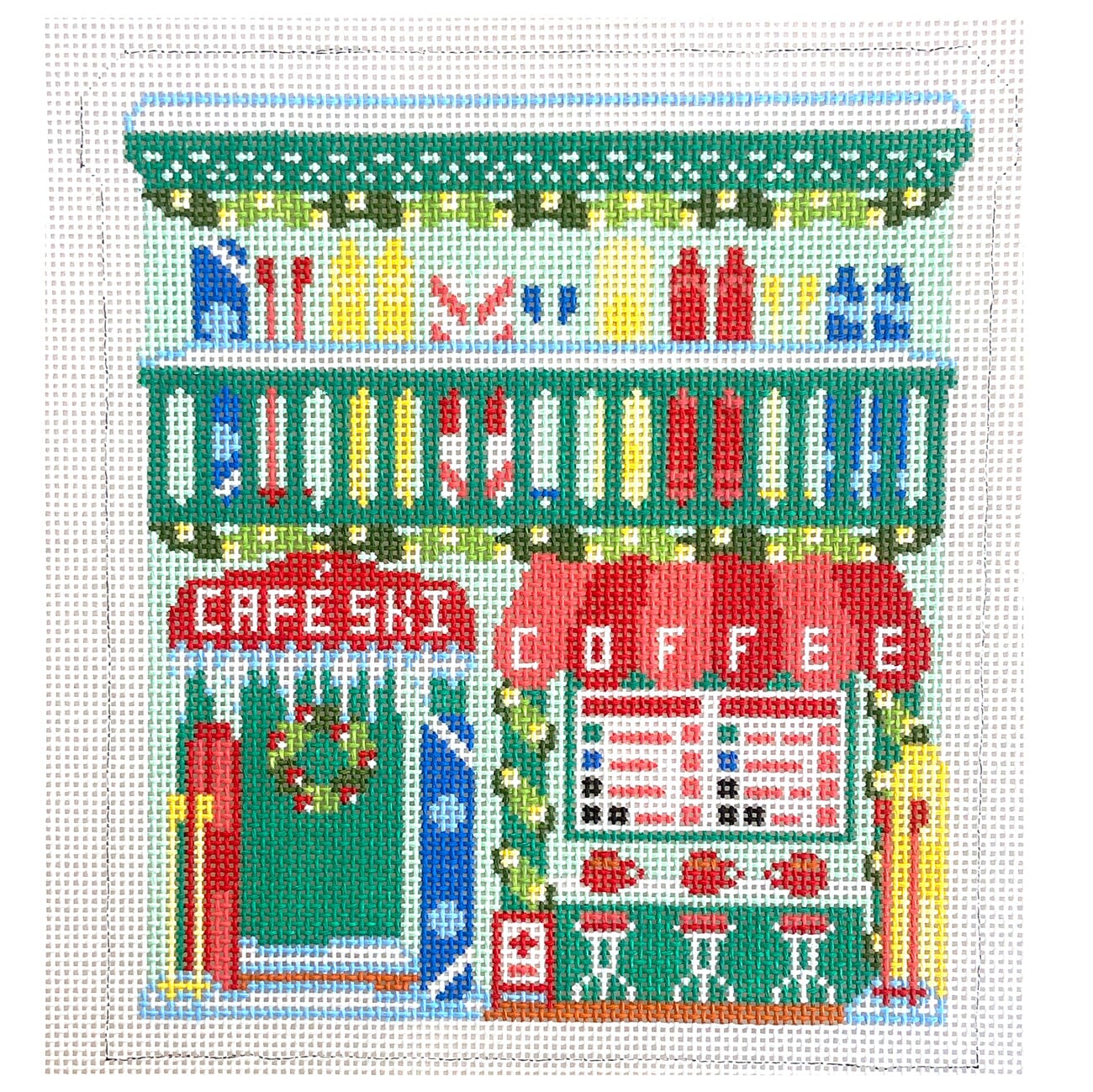Ski Coffee Shop Christmas Village Painted Canvas Lucky Lotus Needlepoint  - 1