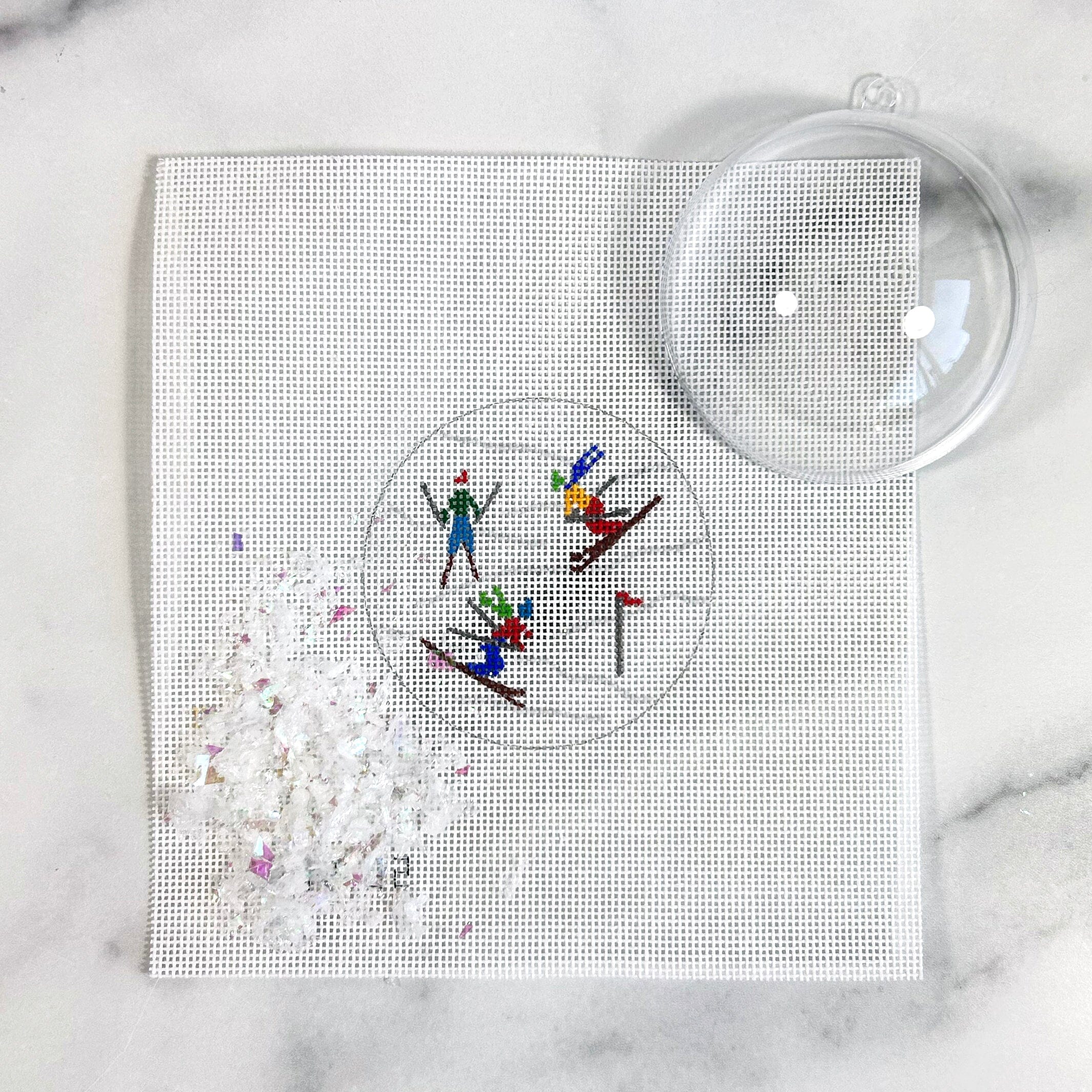 Skiers on Slopes Ornament with Clear Dome & Confetti Painted Canvas Kate Dickerson Needlepoint Collections  - 1