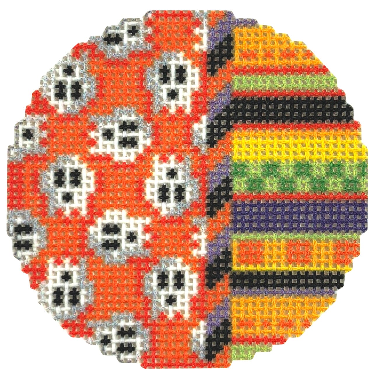 Skulls/Stripes Round Printed Canvas Two Sisters Needlepoint 
