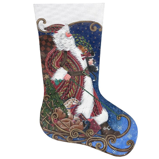 Sledding Santa Stocking on 18 TTR Painted Canvas Victoria Whitson Needlepoint 