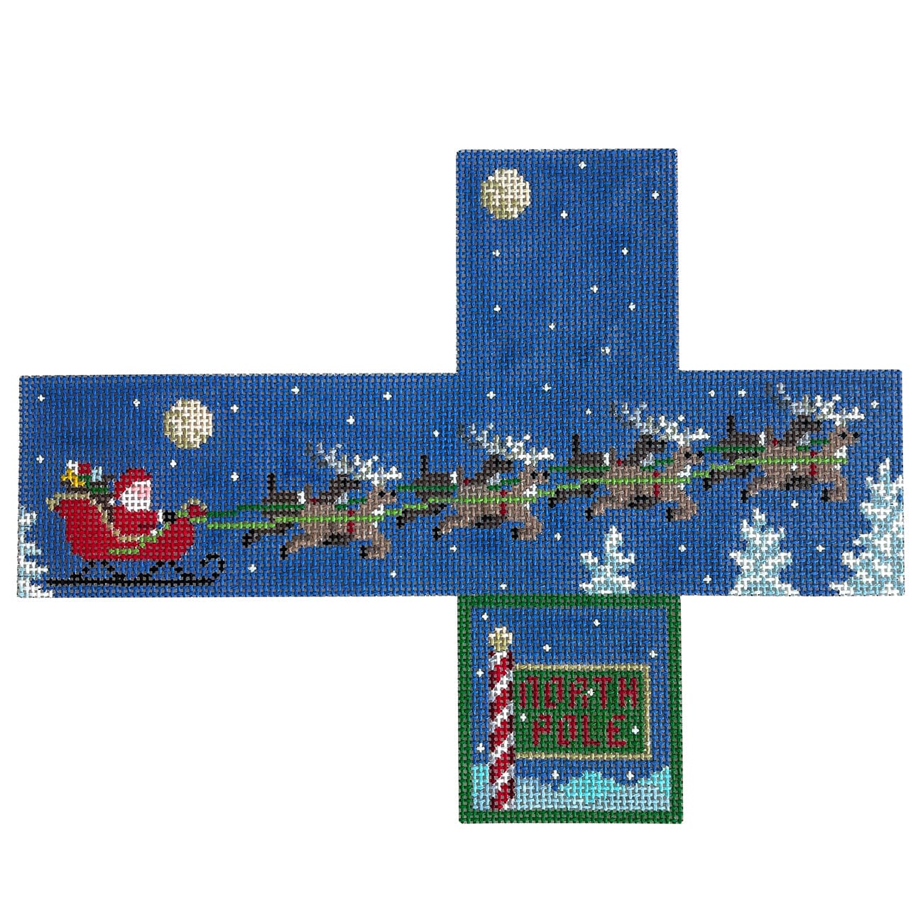 Sleigh Flight, 2.75" Cube on 13 Painted Canvas Susan Roberts Needlepoint Designs Inc. 
