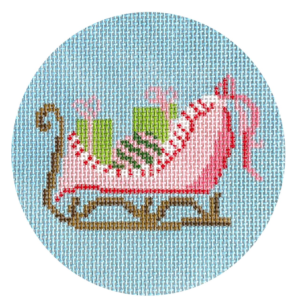 Sleigh on Blue Round Painted Canvas Camilla Moss  - 1