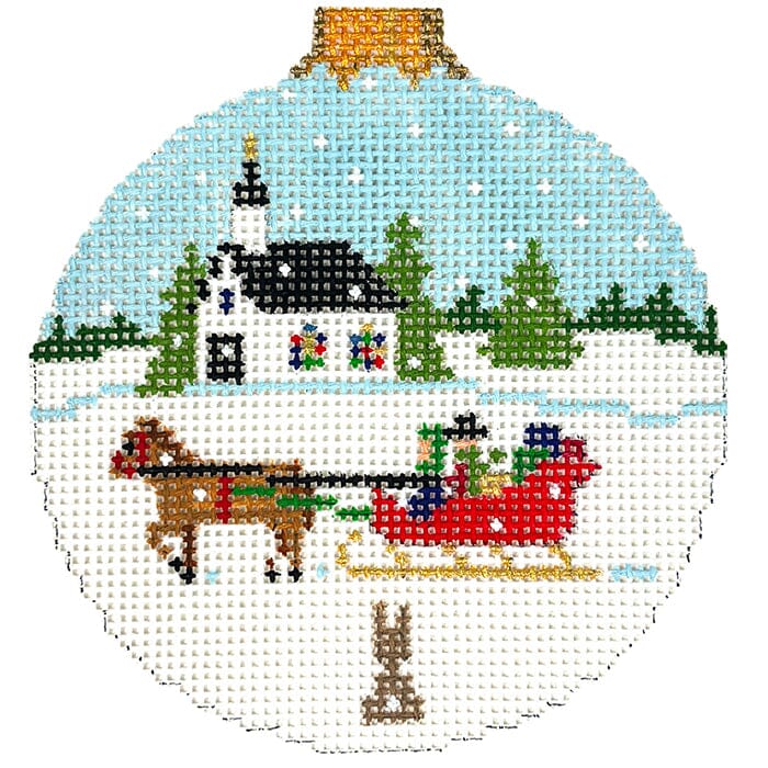 Sleigh Ride with Church   3.25" Round Painted Canvas Susan Roberts Needlepoint Designs Inc.  - 1