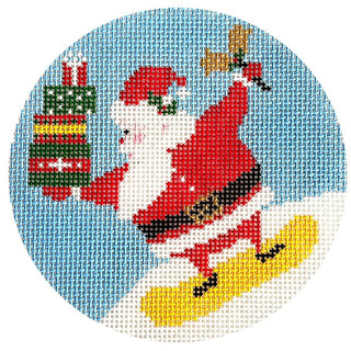 Snowboard Santa Round Painted Canvas Wipstitch Needleworks 

