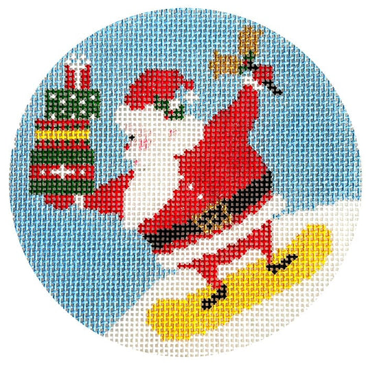 Snowboard Santa Round Painted Canvas Wipstitch Needleworks 