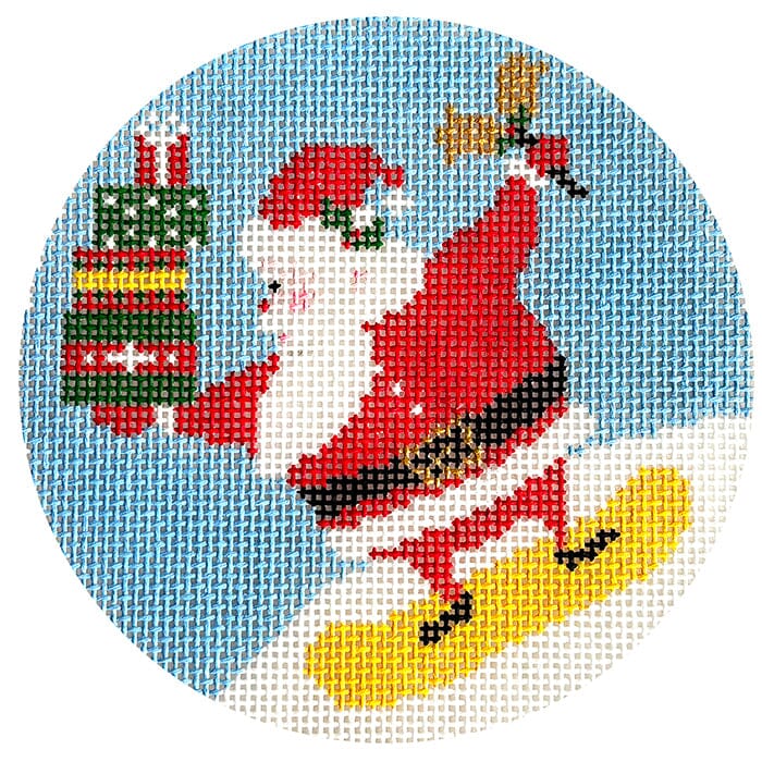 Snowboard Santa Round Painted Canvas Wipstitch Needleworks  - 1