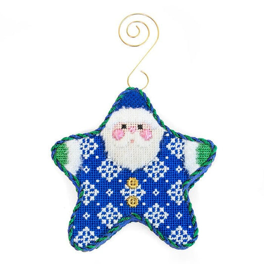 Snowflakes on Blue PJ Santa with Stitch Guide Printed Canvas Two Sisters Needlepoint 