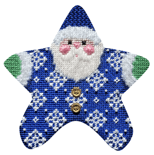 Snowflakes on Blue PJ Santa with Stitch Guide Printed Canvas Two Sisters Needlepoint 