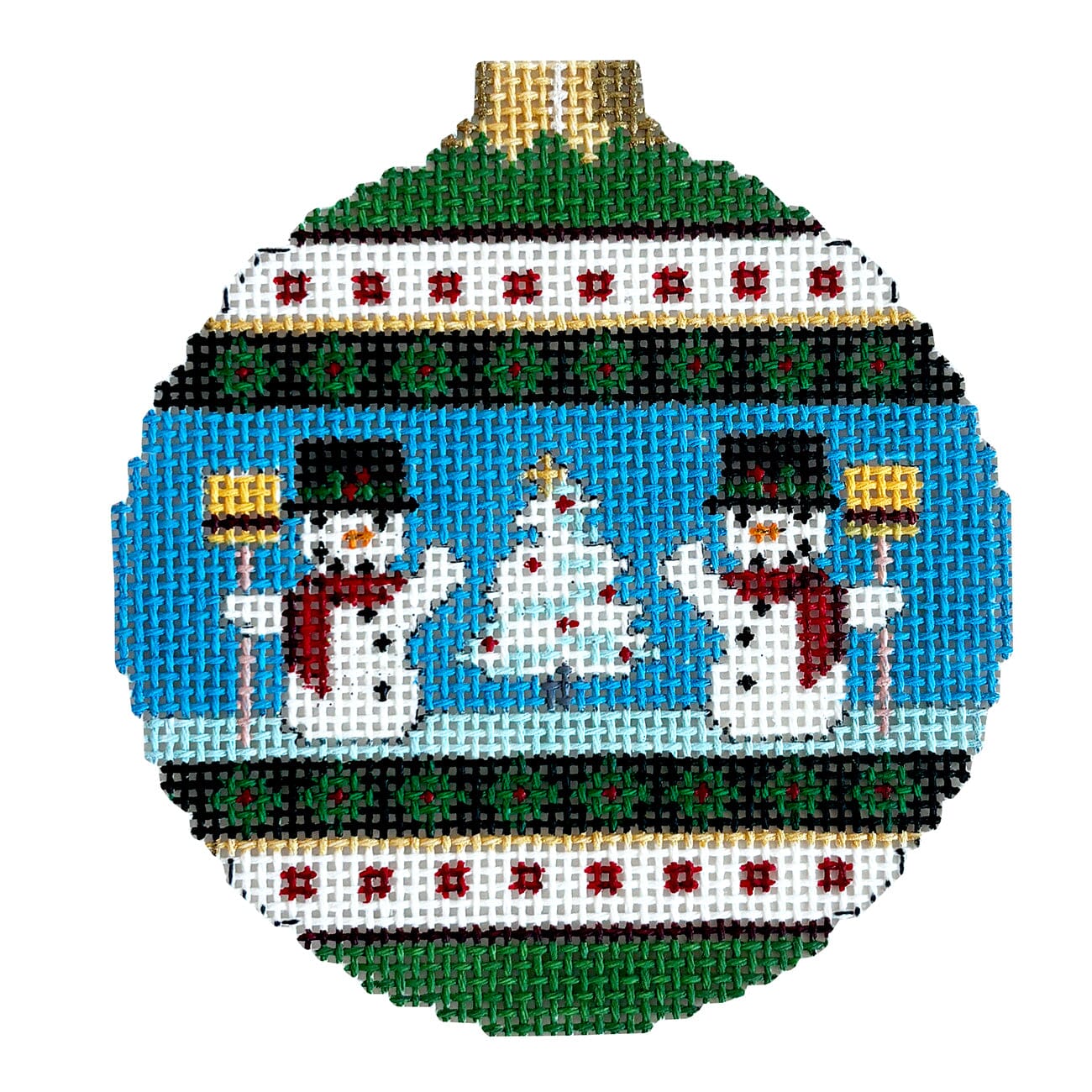 Snowmen, 3.25" Round Painted Canvas Susan Roberts Needlepoint Designs Inc. 
