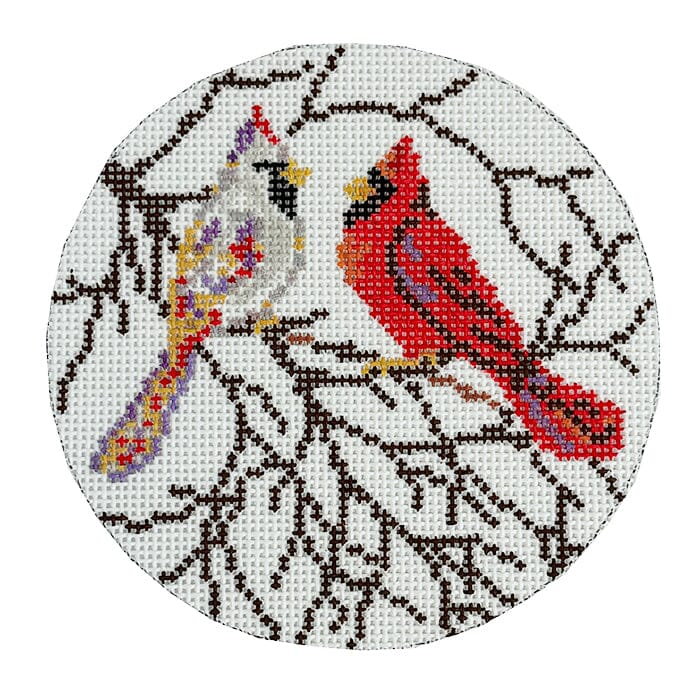 Snowy Cardinal round Painted Canvas Atlantic Blue Canvas 
