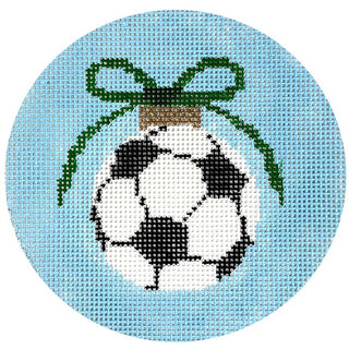 Soccer Ball with Green Bow on Blue Round Painted Canvas Kristine Kingston 
