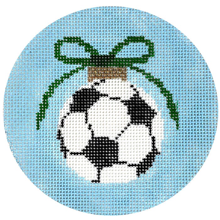 Soccer Ball with Green Bow on Blue Round Painted Canvas Kristine Kingston  - 1