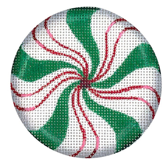 Sparkly Green & Red Peppermint Ornament Painted Canvas Kate Dickerson Needlepoint Collections 