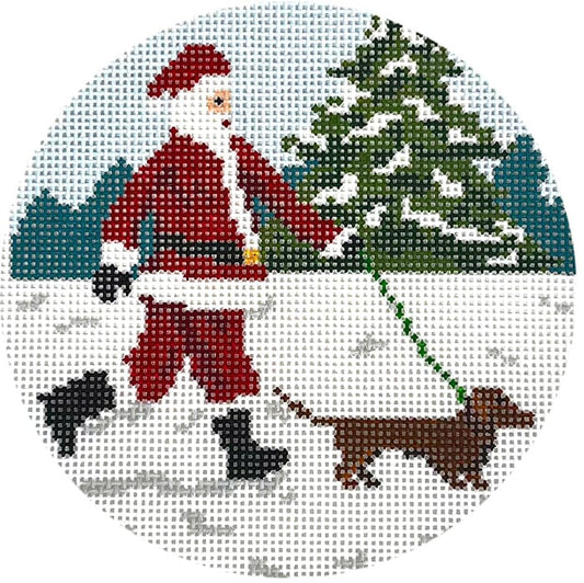 Sporty Santa Ornament - Dog Walking Santa Dachshund Painted Canvas Ann Kaye Studio 