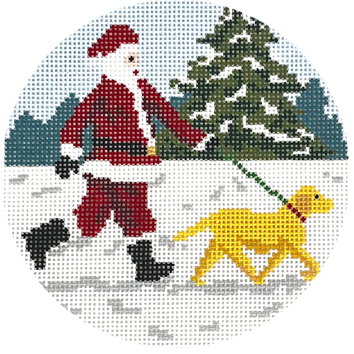 Sporty Santa Ornament - Dog Walking Santa Yellow Lab Painted Canvas Ann Kaye Studio 