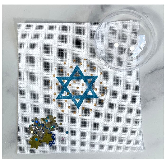 Star of David Aqua on Dots Ornament with Clear Dome & Confetti Painted Canvas Kate Dickerson Needlepoint Collections 