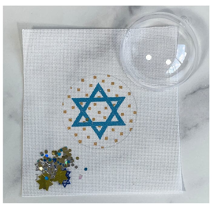 Star of David Aqua on Dots Ornament with Clear Dome & Confetti Painted Canvas Kate Dickerson Needlepoint Collections  - 1