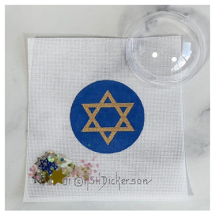 Star of David Gold on Blue Ornament with Clear Dome & Confetti Painted Canvas Kate Dickerson Needlepoint Collections 