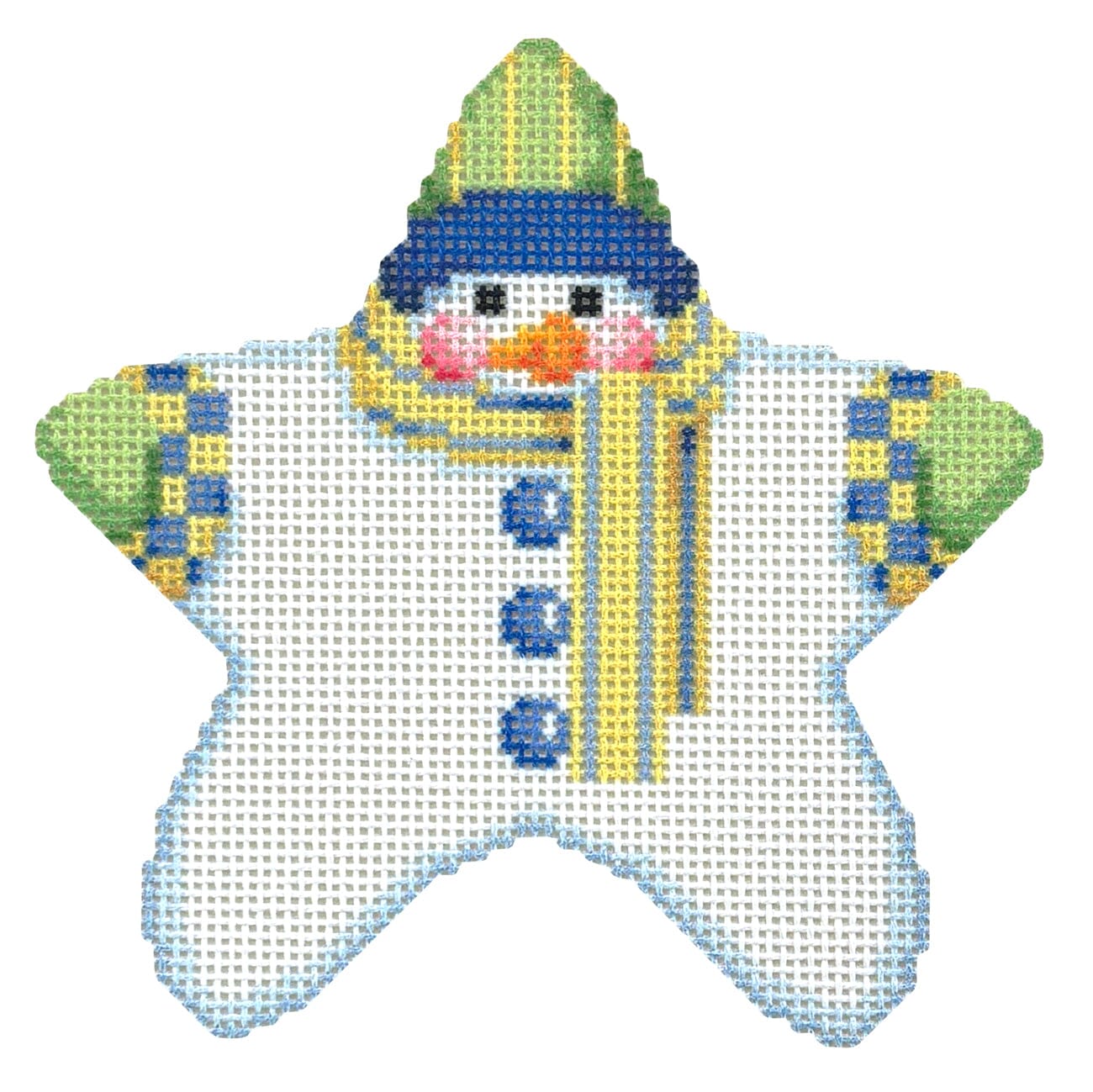Star Shaped Snowman Blue/Yellow Striped Scarf with Stitch Guide Printed Canvas Two Sisters Needlepoint  - 3