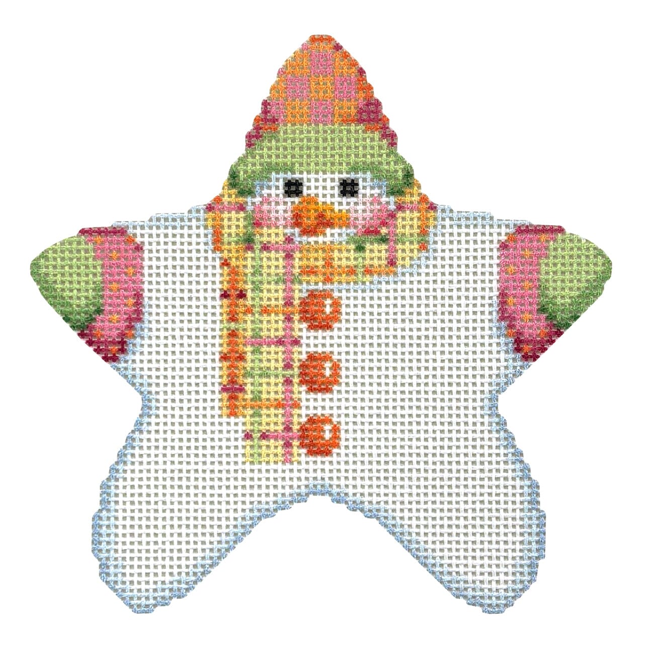 Star Shaped Snowman Citrus Plaid Scarf with Stitch Guide Printed Canvas Two Sisters Needlepoint  - 3