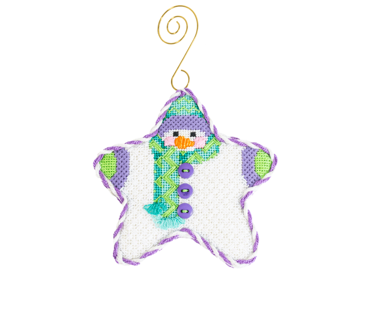 Star Shaped Snowman Lime & Turquoise Chevron Scarf Printed Canvas Two Sisters Needlepoint 
