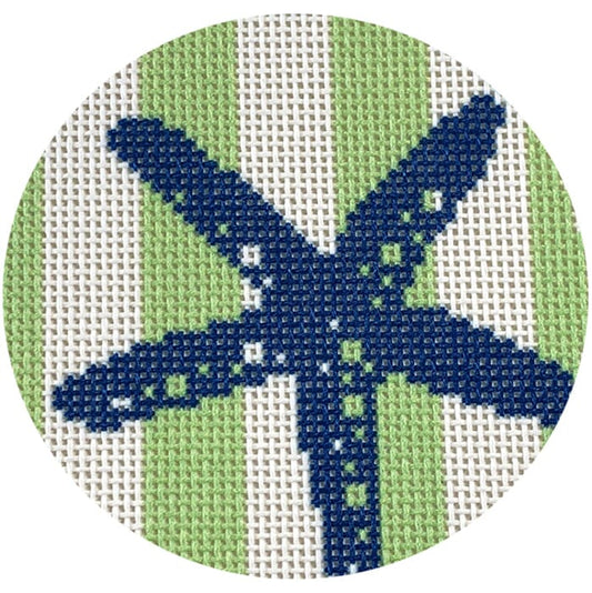 Starfish Stencil on Lime Stripes Round Printed Canvas Two Sisters Needlepoint 