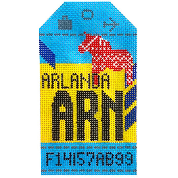 Stockholm Arlanda ARN Retro Travel Tag Painted Canvas Hedgehog Needlepoint 
