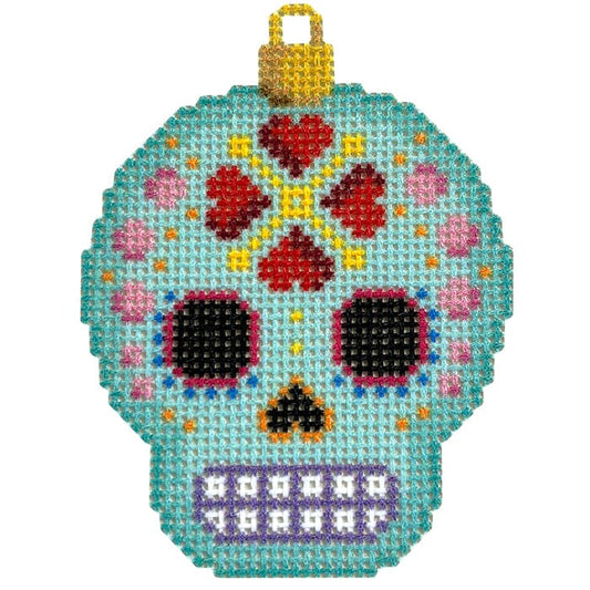 Sugar Skull Ornament/Aqua Printed Canvas Two Sisters Needlepoint 